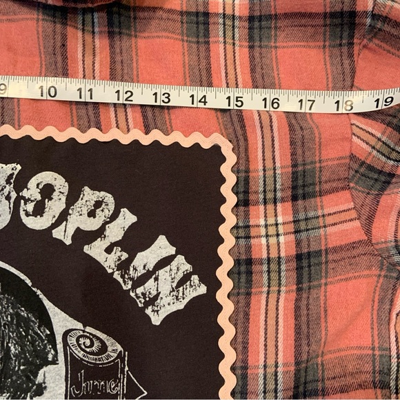 Women’s custom Janis Joplin Upcycled Pink Plaid Flannel Band Shirt. Sz M-L - Picture 9 of 10